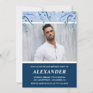Modern Navy Blue Photo Man 36th birthday  Invitation