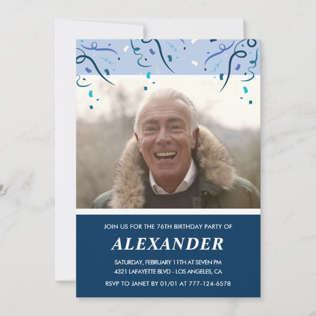 Modern Navy Blue Photo Man 76th birthday Invitation (Front)