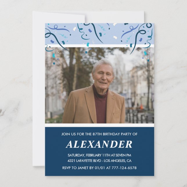 Modern Navy Blue Photo Man 87th birthday Invitation (Front)