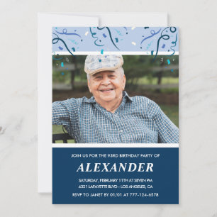 Modern Navy Blue Photo Man 93rd birthday Invitation
