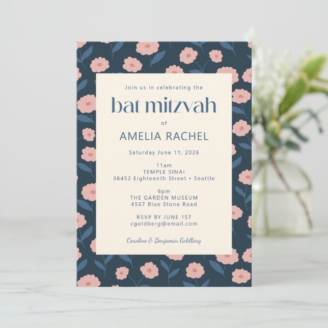 Modern Navy Blue Pink Boho Floral Bat Mitzvah RSVP Invitation (Standing Front)