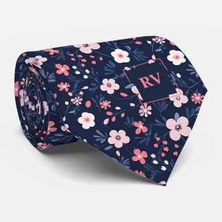 Modern Navy Blue Pink Floral Monogram Tie