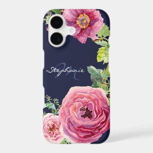 Modern Navy Blue Pink Peony Rose Floral Watercolor