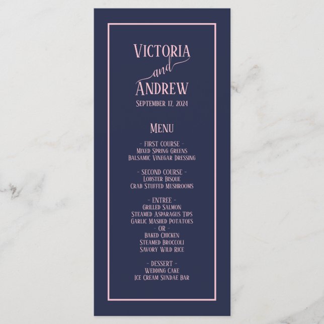 Modern Navy Blue Pink Script Minimal Wedding Menu (Front)