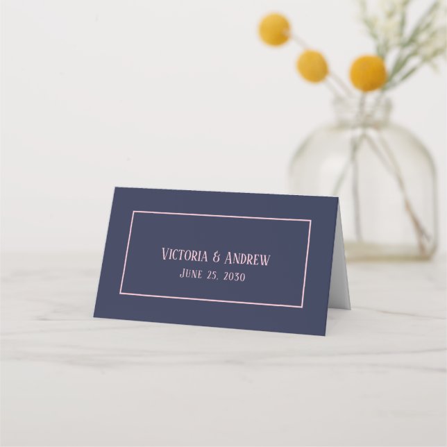 Modern Navy Blue Pink Script Minimal Wedding Place Card (Back)