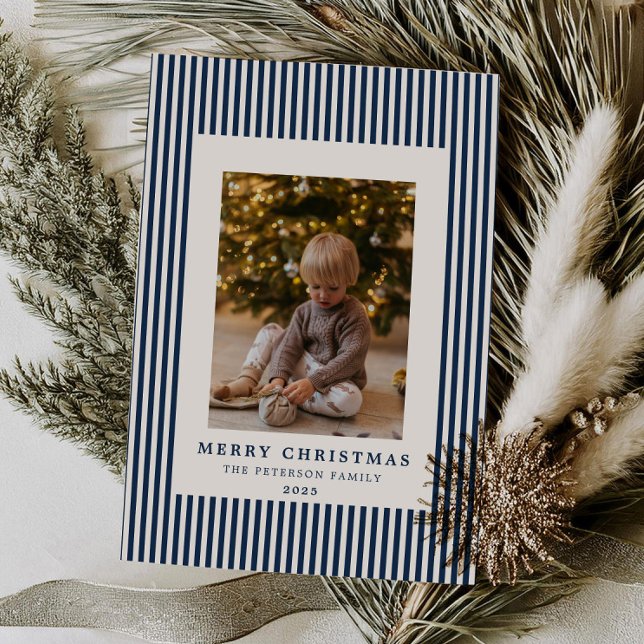 Modern Navy Blue Pinstripe Christmas Family Photo Holiday Card (Creator Uploaded)