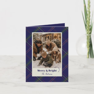 Modern Navy Blue Plaid Two Photos Merry Christmas Holiday Card