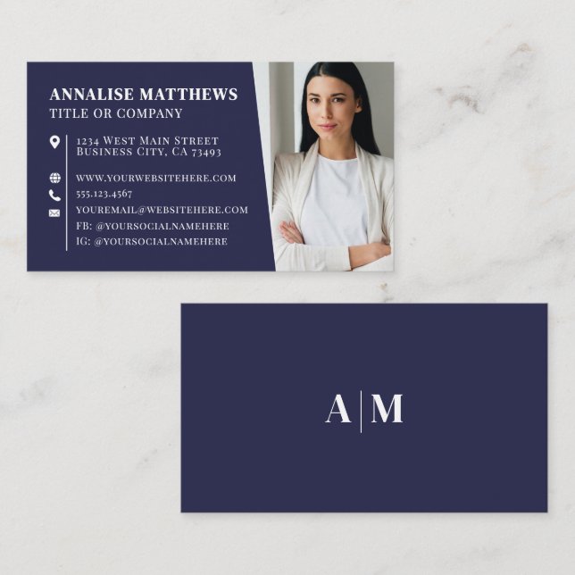 Modern Navy Blue Professional Photo Business Card (Front/Back)