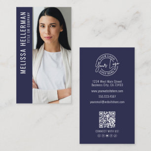 Modern Navy Blue Professional QR Code Photo Logo Business Card