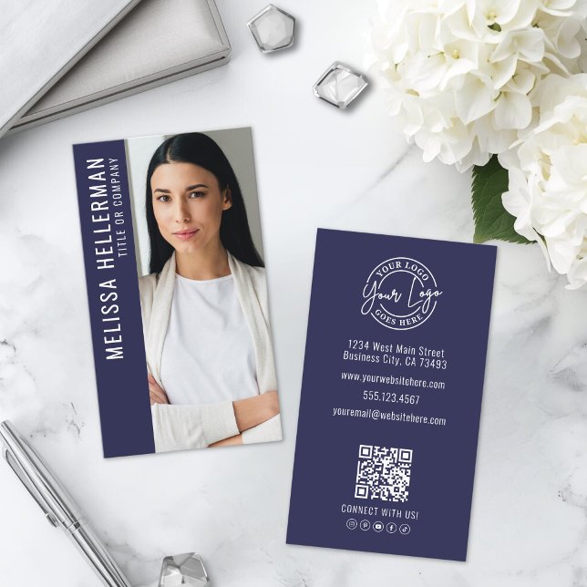 Modern Navy Blue Professional QR Code Photo Logo Business Card (Modern Navy Blue Professional QR Code Photo Logo Business Card )