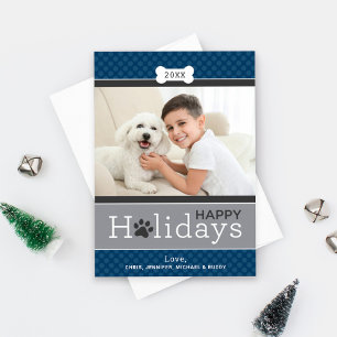 Modern Navy Blue Puppy Dog Theme Happy Holidays Holiday Card
