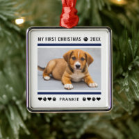 Modern Navy Blue Puppy First Christmas Photo