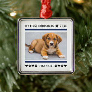 Modern Navy Blue Puppy First Christmas Photo Metal Tree Decoration