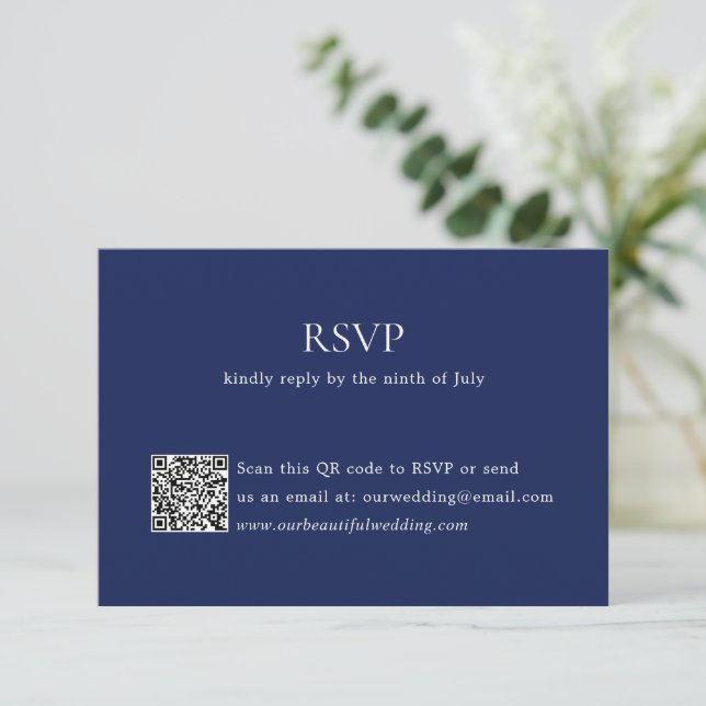 Modern Navy Blue QR Code Elegant Wedding RSVP Card (Standing Front)