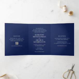 Modern Navy Blue QR Code Elegant Wedding Tri-Fold Invitation