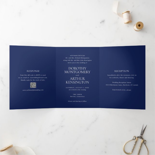 Modern Navy Blue QR Code Elegant Wedding Tri-Fold Invitation (Inside)
