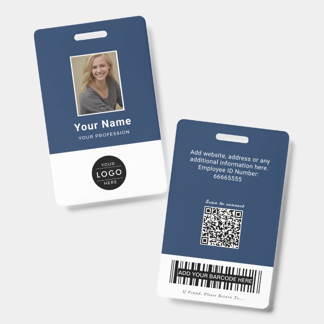 Modern Navy Blue QR Code Employee ID Barcode Badge (Front & Back)