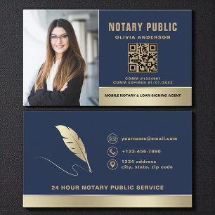 Modern Navy Blue QR Code Photo Notary Public Business Card