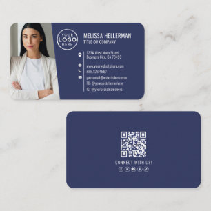 Modern Navy Blue QR Code Professional Photo Logo Business Card