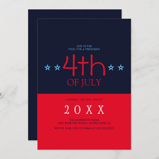 Modern Navy Blue Red Stars 4th of July Invitation (Front/Back)