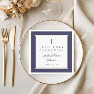 Modern Navy Blue Religious Boy First Communion Napkin