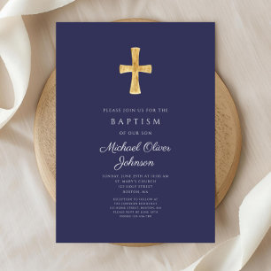 Modern Navy Blue Religious Cross Boy Baptism Invitation