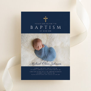 Modern Navy Blue Religious Cross Boy Baptism Photo Invitation
