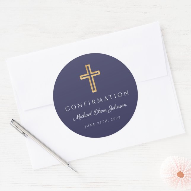 Modern Navy Blue Religious Cross Boy Confirmation Classic Round Sticker (Envelope)