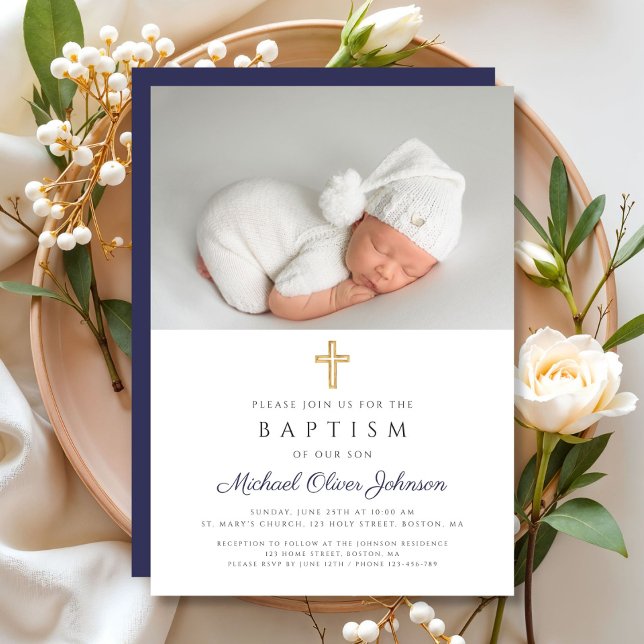 Modern Navy Blue Religious Cross Boy Photo Baptism Invitation (Navy Blue Religious Cross Boy Photo Baptism Invitation)