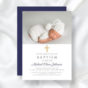 Modern Navy Blue Religious Cross Boy Photo Baptism Invitation