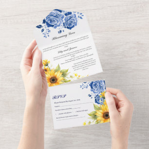 Modern Navy Blue Rose And Sunflower Wedding All In One Invitation