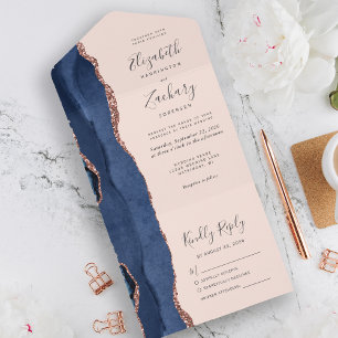 Modern Navy Blue Rose Gold Agate Blush Wedding All In One Invitation
