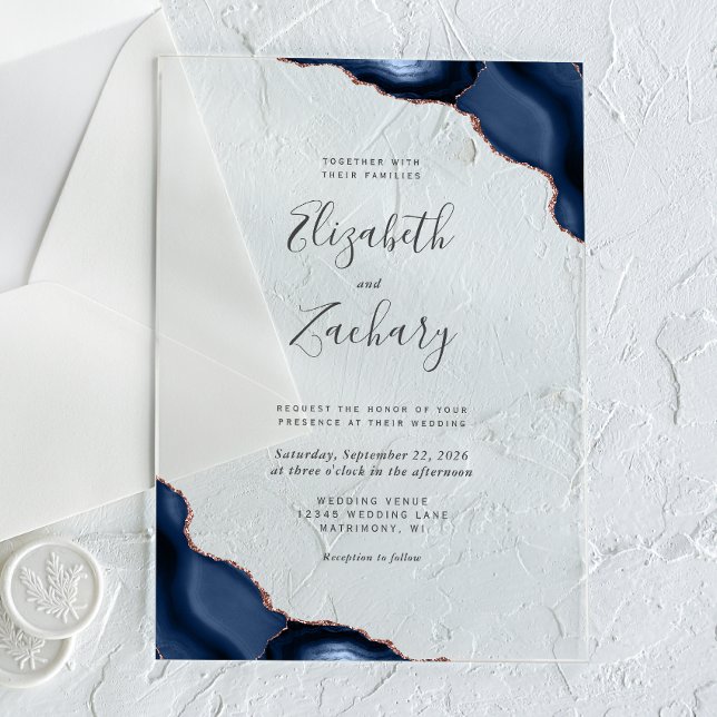 Modern Navy Blue Rose Gold Agate Corners Wedding Acrylic Invitations (Creator Uploaded)