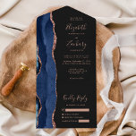 Modern Navy Blue Rose Gold Agate Dark Wedding All In One Invitation<br><div class="desc">The left-hand edge of this elegant modern all-in-one wedding invitation and RSVP features a navy blue watercolor agate border trimmed with faux rose gold glitter. The customisable text combines rose pink handwriting, copperplate and italic fonts on an off-black background. The return address appears on the outside flap and the reverse...</div>