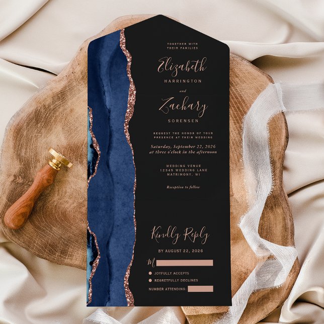 Modern Navy Blue Rose Gold Agate Dark Wedding All In One Invitation (Creator Uploaded)