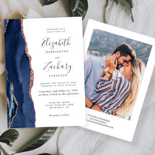 Modern Navy Blue Rose Gold Agate Photo Wedding Invitation