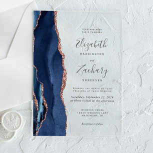 Modern Navy Blue Rose Gold Agate Wedding Acrylic Invitations