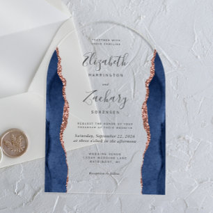 Modern Navy Blue Rose Gold Agate Wedding Arch Acrylic Invitations