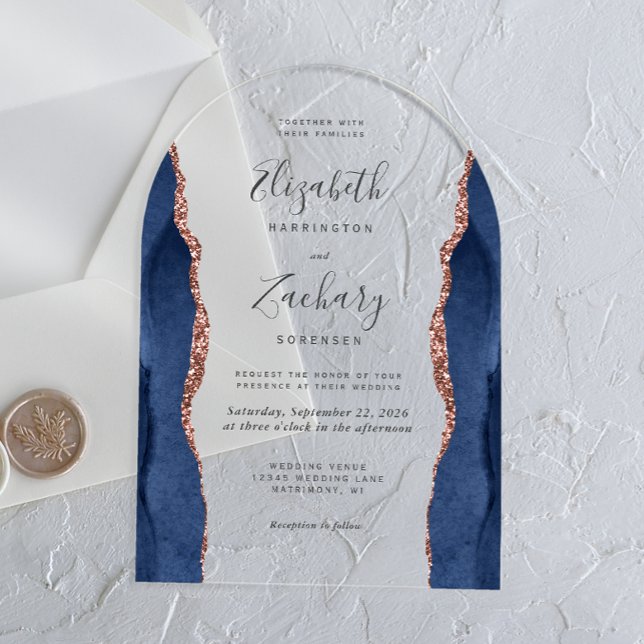 Modern Navy Blue Rose Gold Agate Wedding Arch Acrylic Invitations (Creator Uploaded)