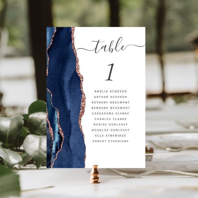 Modern Navy Blue Rose Gold Agate Wedding Table Number (Creator Uploaded)