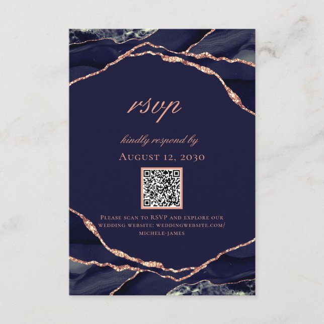 Modern Navy Blue Rose Gold Foil Agate Wedding RSVP Card (Front)