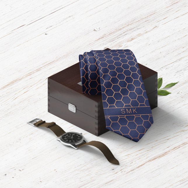 Modern Navy Blue Rose Gold Foil Geometric Monogram Tie (Creator Uploaded)