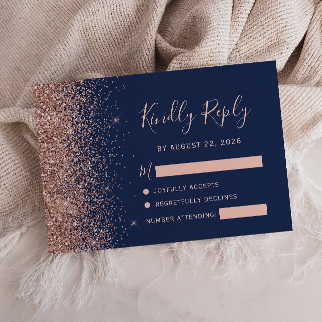 Modern Navy Blue Rose Gold Glitter Edge RSVP Card (Creator Uploaded)
