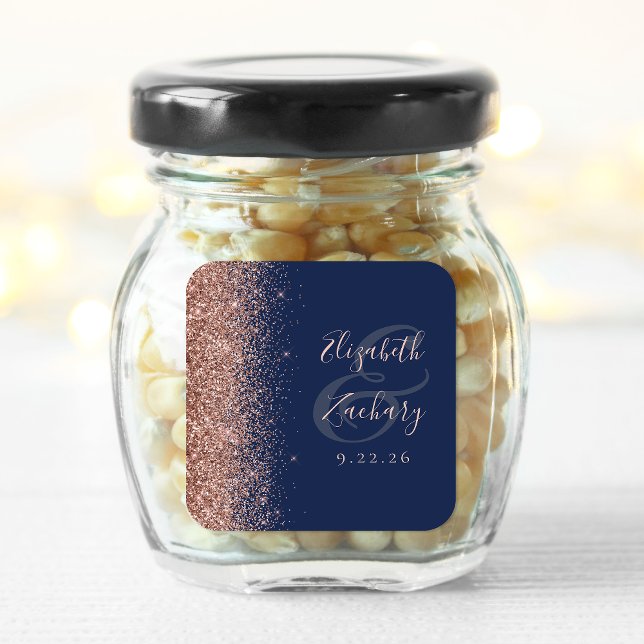 Modern Navy Blue Rose Gold Glitter Edge Wedding Square Sticker (Creator Uploaded)