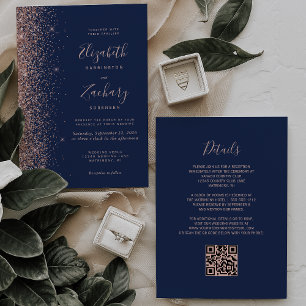 Modern Navy Blue Rose Gold Glitter QR Code Wedding Invitation