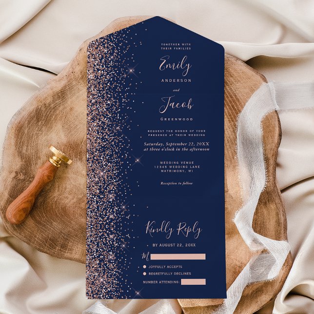 Modern Navy Blue Rose Gold Glitter Wedding All In One Invitation (Creator Uploaded)