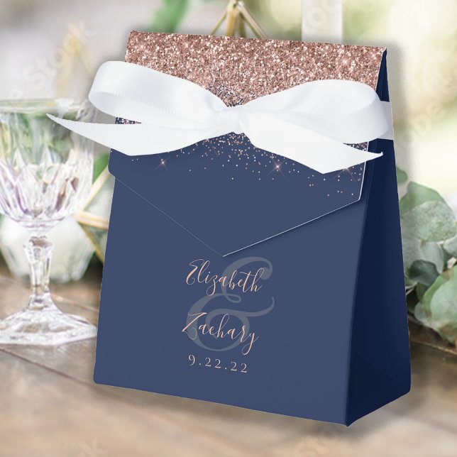 Modern Navy Blue Rose Gold Glitter Wedding Favour Box (Creator Uploaded)