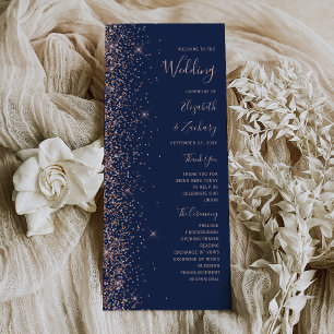 Modern Navy Blue Rose Gold Glitter Wedding Programme