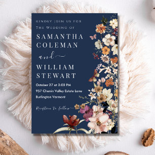 Modern Navy Blue Rustic Boho Wildflower Wedding Invitation