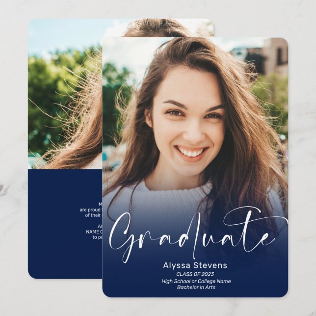 Modern navy blue script 2 photos graduation announcement (Front/Back)